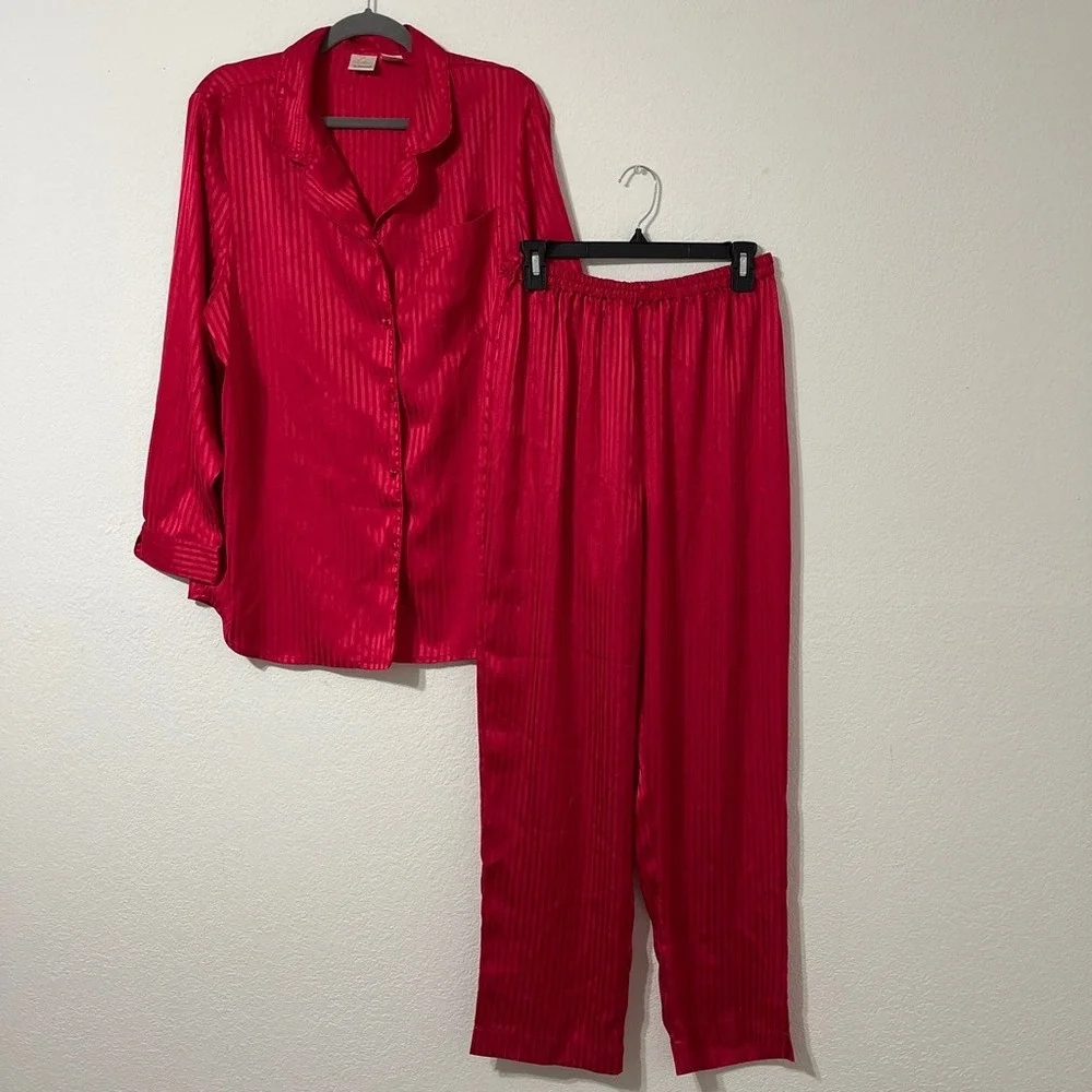 Sophia By Delicates Red Satin Pajama Set Large Striped Lounge Sleepwear VTG